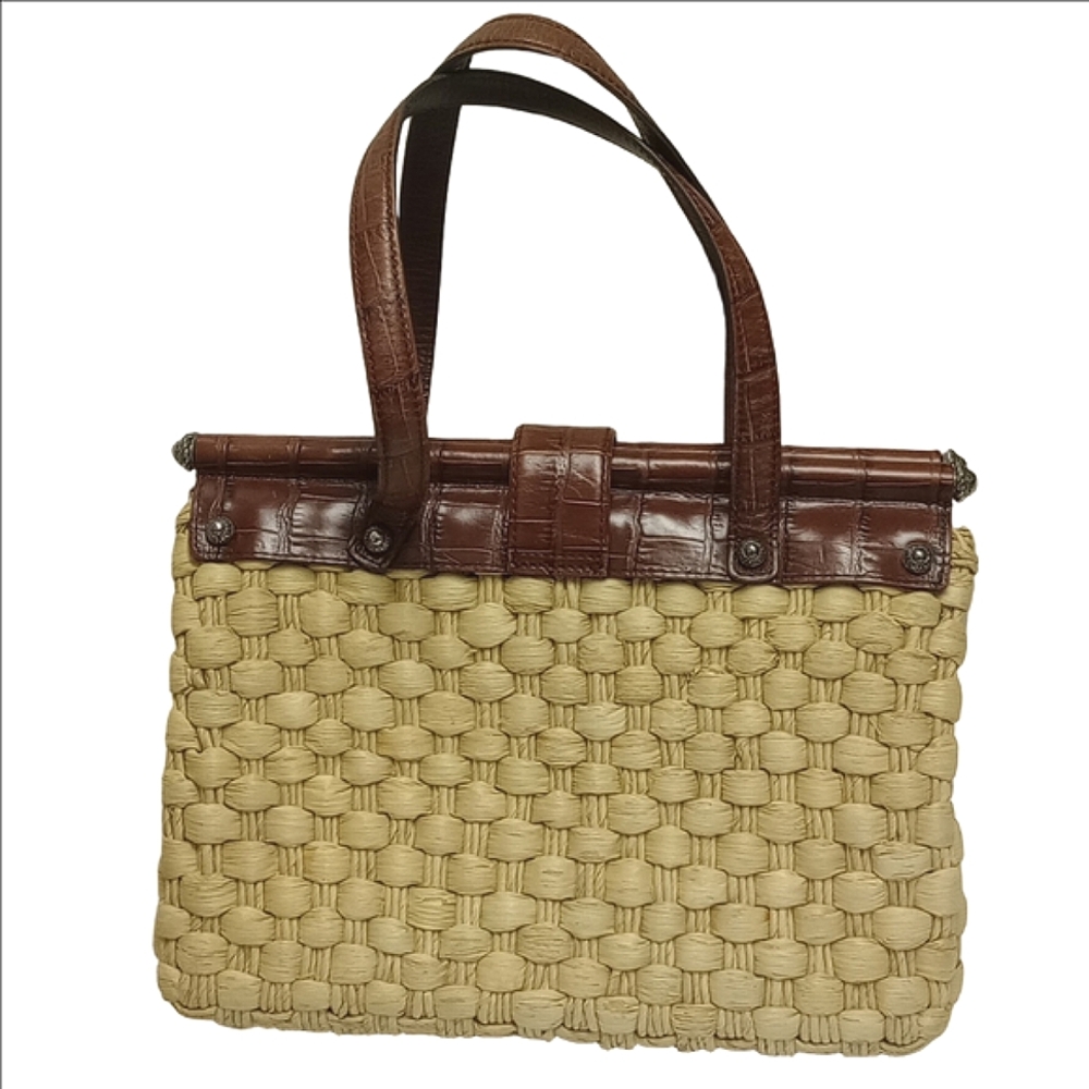 BRIGHTON "EVA DELIGHT" WICKER STRAW SUMMER HANDBAG WITH BROWN LEATHER ACCENTS - Picture 6 of 16